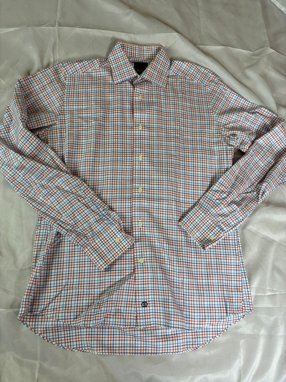 David Donahue Mens 16 36/37 Trim Fit Dress Shirt White Red Blue Tattersall Check